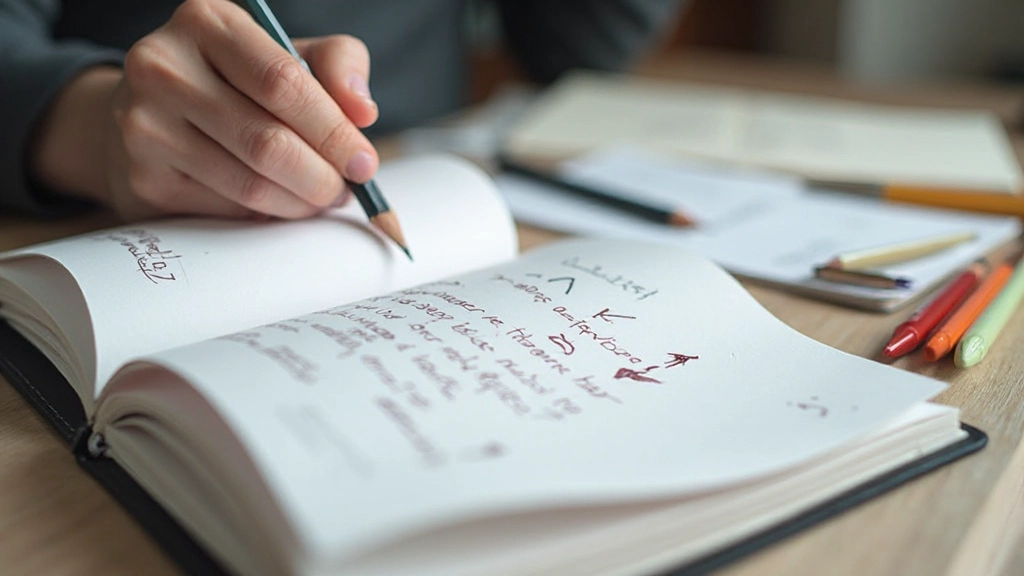 Notitieboek met handgeschreven vragen en pijlen, kleurpotloden ernaast op bureau, close-up detail van notities