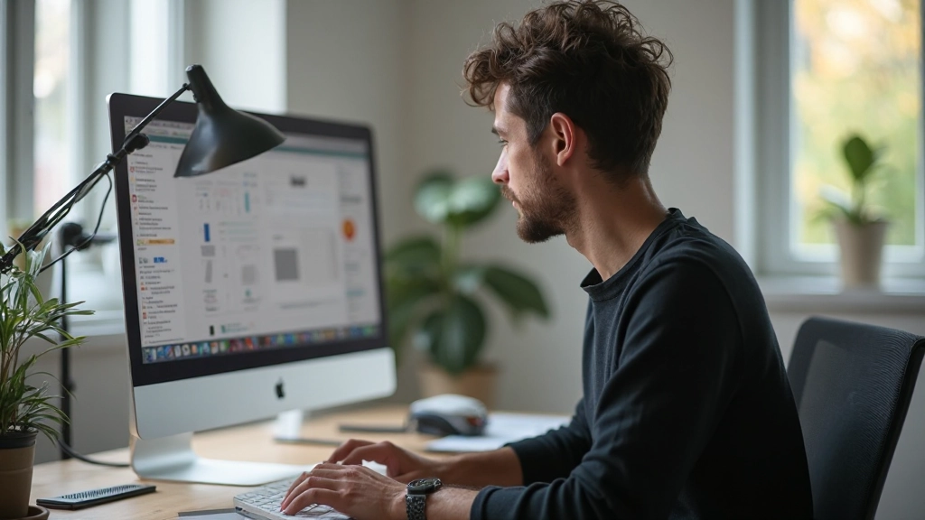 Designer aan het werk op een iMac, bezig met aanpassingen van een minimalistische website interface