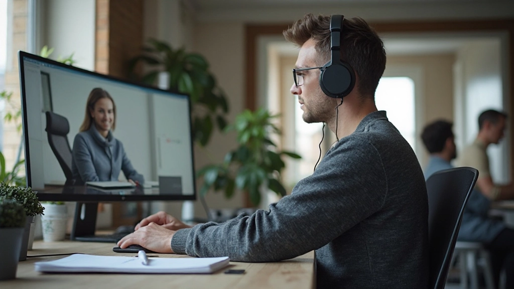 Persoon met koptelefoon zittend aan bureau, scherm met video-call interface, notities op tafel, concentratie gezicht